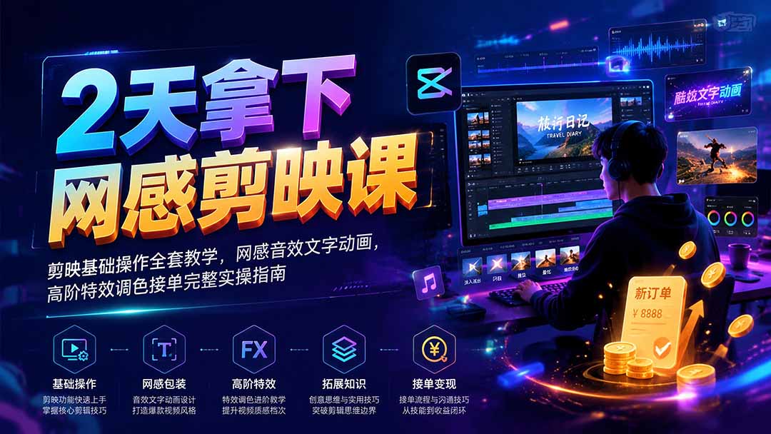 2天拿下网感剪辑课｜剪映基础操作全套教学，网感音效文字动画，高阶特效调色接单完整实操指南-52项目站