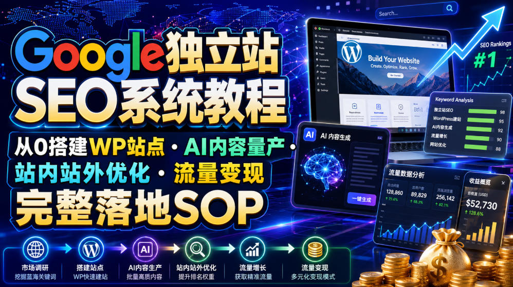 Google独立站SEO系统教程，从0搭建WP站点・AI内容量产・站内站外优化・流量变现完整落地SOP(2026年7月)-52项目站