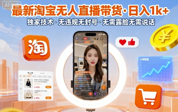 最新淘宝无人直播带货，日入1k+，独家技术，无违规无封号，无需露脸无需说话【揭秘】-52项目站