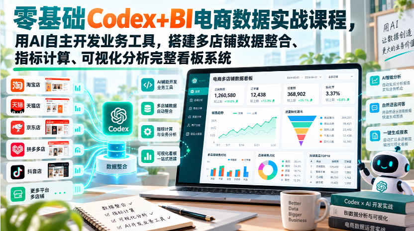 零基础Codex+BI电商数据实战课程,用AI自主开发业务工具,搭建多店铺数据整合、指标计算、可视化分析完整看板系统-52项目站