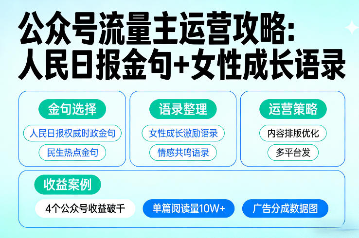 利用人民日报金句+女性成长语录做公众号流量主，4个公众号收益破千-52项目站