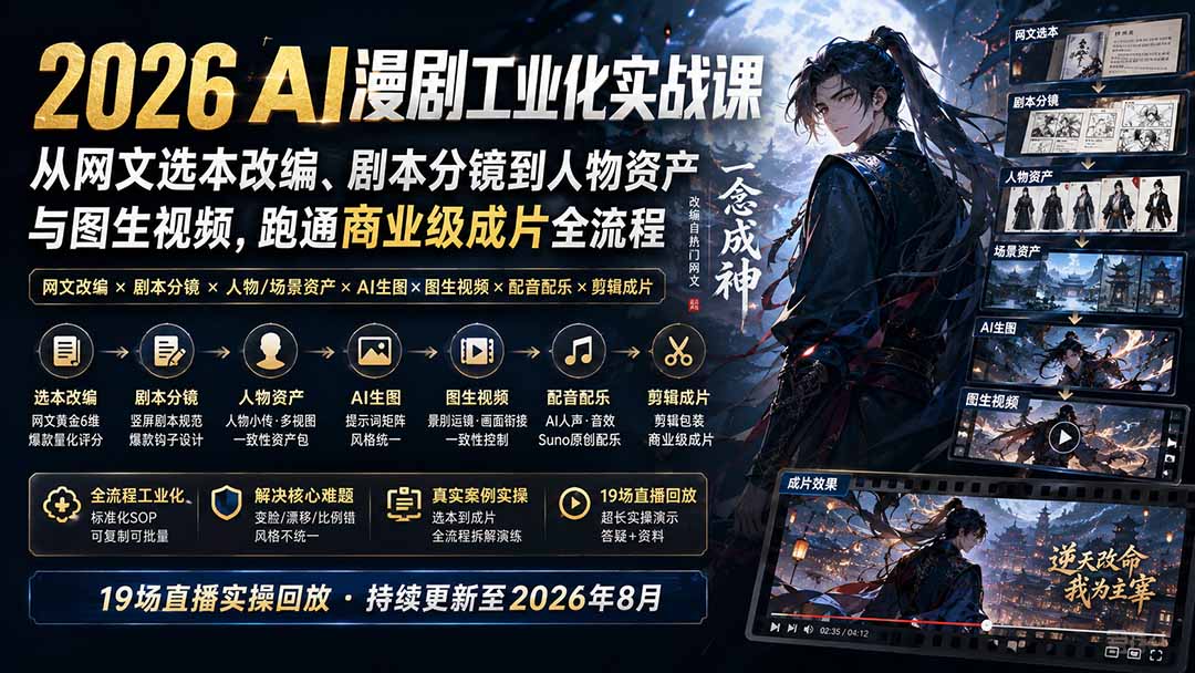 2026 AI漫剧工业化实战课-更新：从网文选本改编、剧本分镜到人物资产与图生视频，跑通商业级成片全流程-52项目站