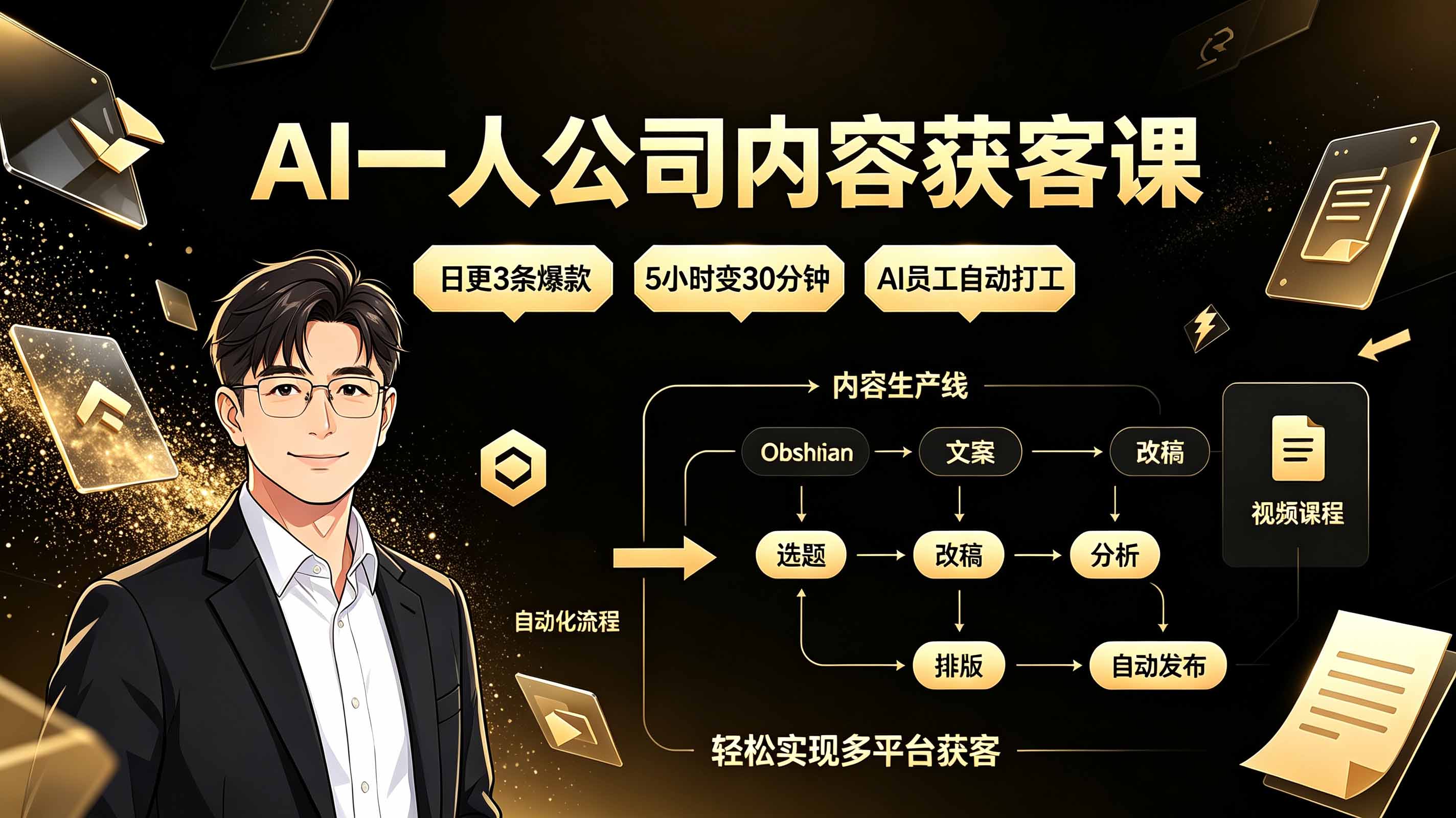 AI一人公司内容获客课：日更3条爆款×5小时变30分钟×AI员工自动打工，轻松实现多平台获客-52项目站