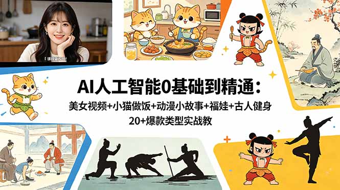 AI人工智能0基础到精通:美女视频+小猫做饭+动漫小故事+福娃+古人健身,20+爆款类型实战教学-52项目站