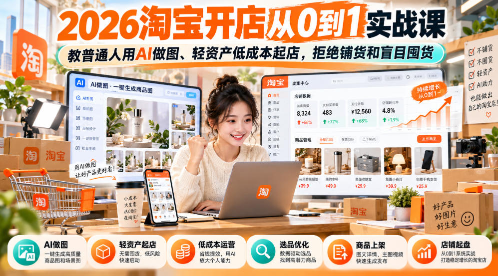 2026淘宝开店从0到1实战课，教普通人用AI做图、轻资产低成本起店，拒绝铺货和盲目囤货-52项目站