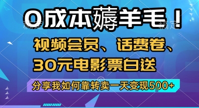 0成本薅羊毛!视频会员、话费卷、30元电影票白送，分享我如何靠转卖一天变现5张+【揭秘】-52项目站