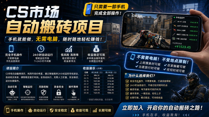 手机即可操作的CS市场自动搬砖系统｜自动监控｜自动下单|日入300+【揭秘】-52项目站