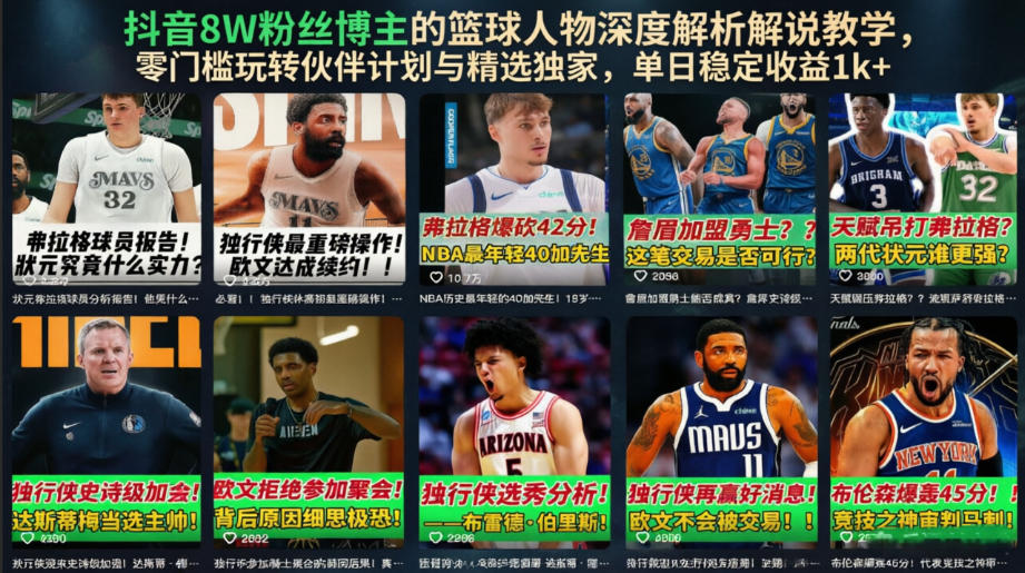 抖音8W粉丝博主的篮球人物深度解析解说教学,零门槛玩转伙伴计划与精选独家,单日稳定收益1k+-52项目站