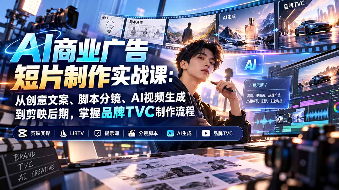 AI商业广告短片制作实战课:从创意文案、脚本分镜、AI视频生成到剪映后期,掌握品牌TVC制作流程-52项目站