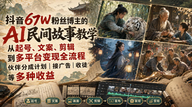 抖音67W粉丝博主的AI民间故事教学，从起号、文案、剪辑到多平台变现全流程，伙伴分成计划接广告等多种收益，月入1W+-52项目站