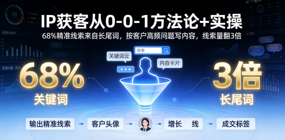 IP获客从0-1方法论+实操,68%精准线索来自长尾词,按客户高频问题写内容,线索量翻3倍-52项目站