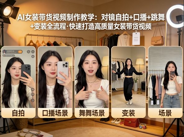 AI女装带货视频制作教学，对镜自拍、口播、跳舞、变装全流程，快速打造高质量女装带货视频-52项目站