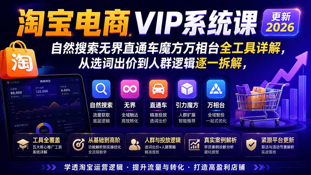 图片[1]-淘宝电商VIP系统课-更新8月；自然搜索无界直通车魔方万相台全工具详解，从选词出价到人群逻辑逐一拆解-52项目站