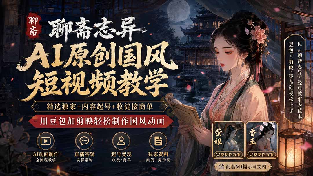 聊斋志异AI原创国风短视频教学-更新；精选独家+内容起号+收徒接商单，用豆包加剪映轻松制作国风动画-52项目站