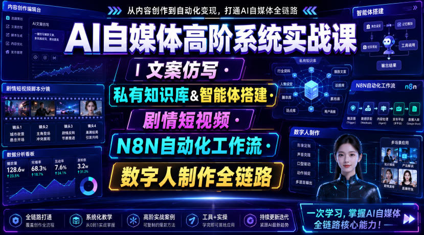 AI自媒体高阶系统实战课｜文案仿写・私有知识库&智能体搭建・剧情短视频・N8N自动化工作流・数字人制作全链路-52项目站