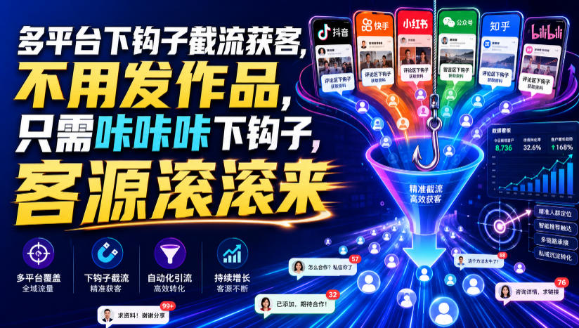 多平台下钩子截流获客，不用发作品，只需咔咔咔下钩子，客源滚滚来-52项目站