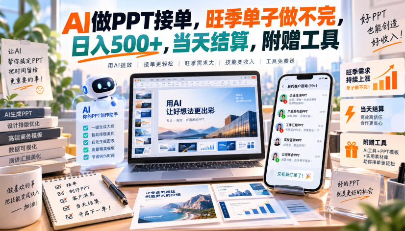 AI做PPT接单,旺季单子做不完,日入500+,当天结算,附赠工具【揭秘】-52项目站