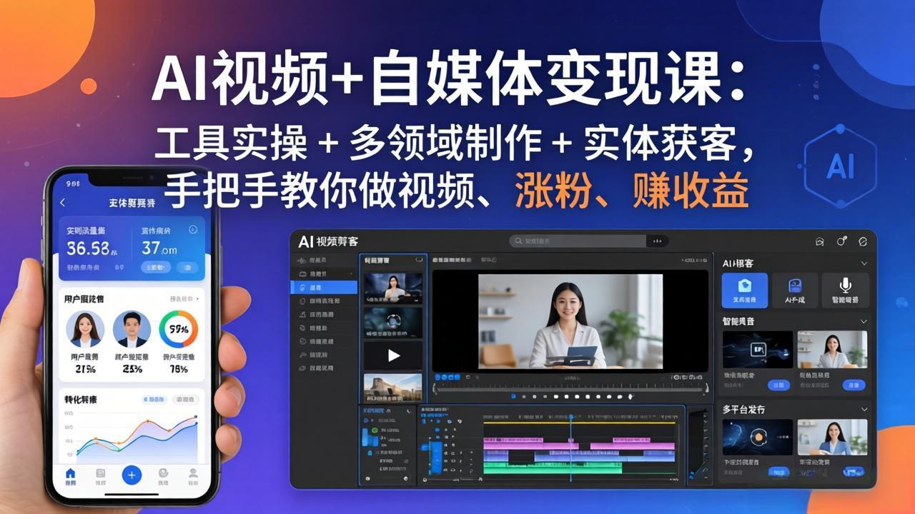 AI视频+自媒体变现课：工具实操 + 多领域制作 + 实体获客，手把手教你做视频、涨粉、赚收益-52项目站