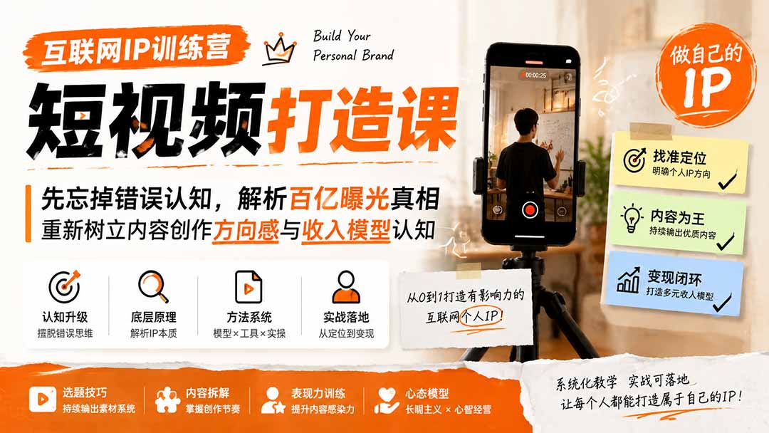 互联网IP训练营短视频打造课；先忘掉错误认知，解析百亿曝光真相，重新树立内容创作方向感与收入模型认知-52项目站