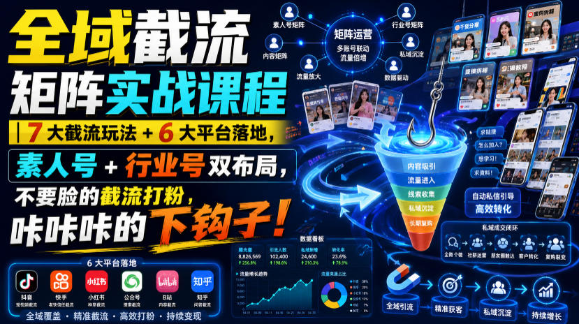 全域截流矩阵实战课程｜7大截流玩法+6大平台落地，素人号+行业号双布局，不要脸的截流打粉，咔咔咔的下钩子！-52项目站