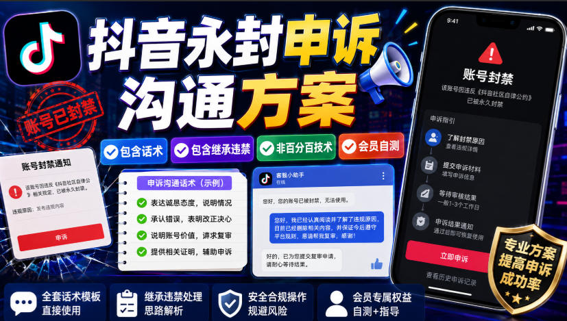 抖音永封申诉沟通方案，包含话术，包含继承违禁，非百分百技术，会员自测-52项目站