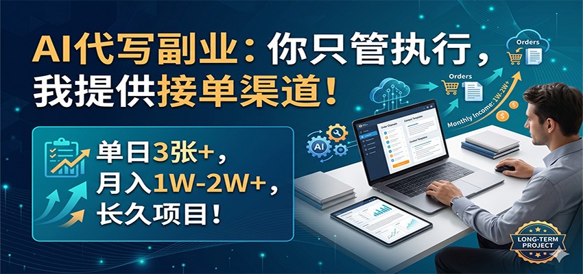 AI代写副业：你只管执行，我提供接单渠道！单日3张+，月入1W-2W+，长久项目-52项目站