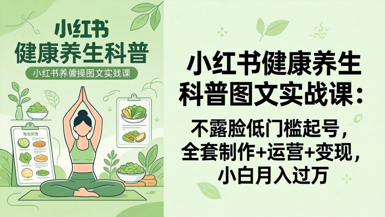 2026小红书健康养生科普图文实战课：不露脸低门槛起号，全套制作+运营+变现，小白月入过万-52项目站