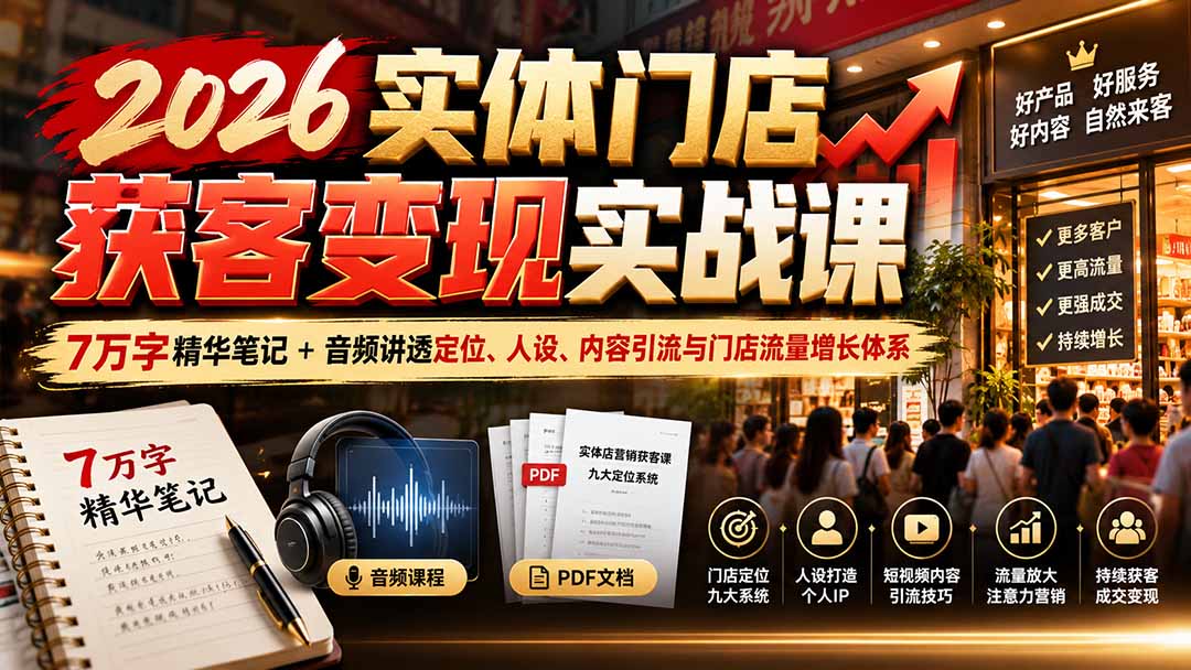 2026实体门店获客变现实战课：7万字精华笔记+音频讲透定位、人设、内容引流与门店流量增长体系-52项目站