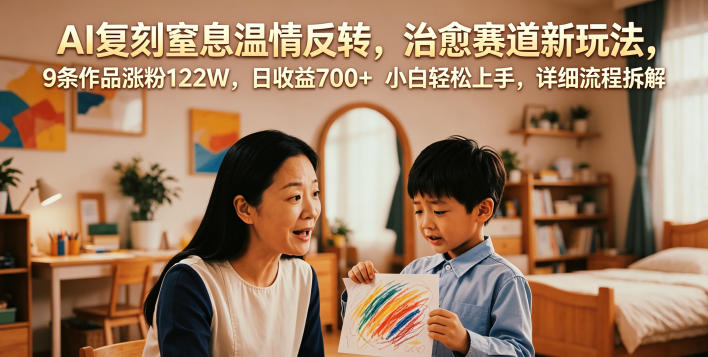 AI复刻窒息温情反转,治愈赛道新玩法,9条作品涨粉122W,日收益700+ 小白轻松上手,详细流程拆解-52项目站