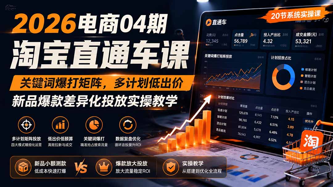 2026电商04期淘宝直通车课｜关键词爆打矩阵，多计划低出价，新品爆款差异化投放实操教学-52项目站