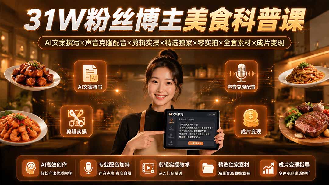 31W粉丝博主美食科普课：AI文案撰写×声音克隆配音×剪辑实操×精选独家×零实拍×全套素材×成片变现-52项目站