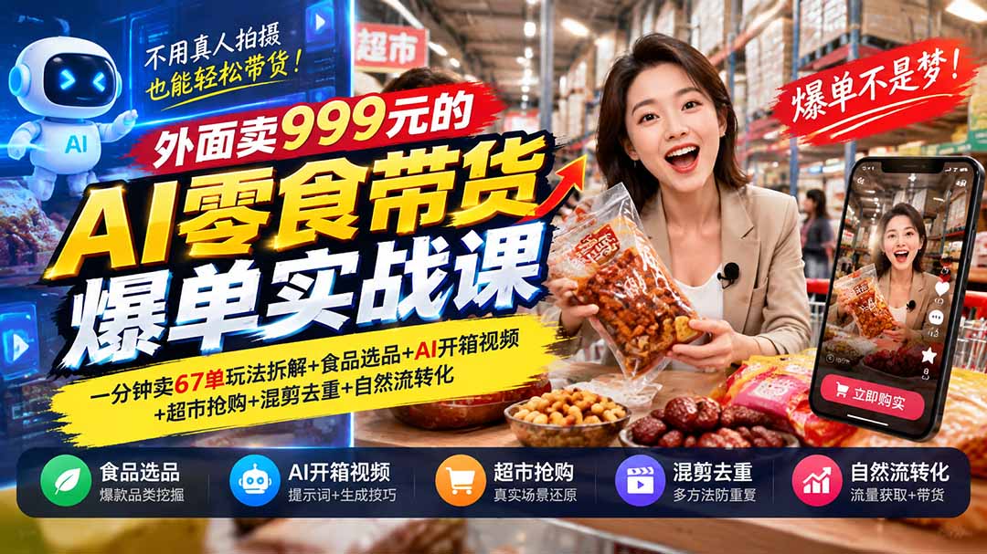 外面卖999元的AI零食带货爆单实战课|一分钟卖67单玩法拆解+食品选品+AI开箱视频+超市抢购+混剪去重+自然流转化-52项目站