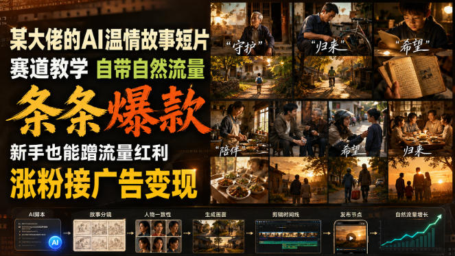 某大佬的AI温情故事短片赛道教学，自带自然流量，条条爆款，新手也能蹭流量红利，涨粉接广告变现-52项目站