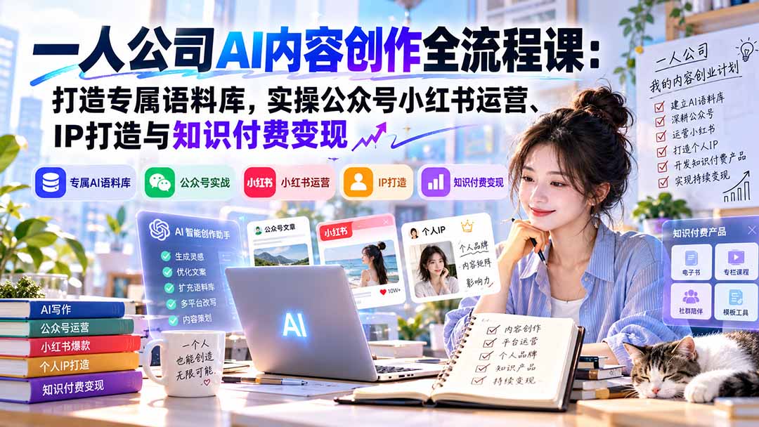 一人公司AI内容创作全流程课:打造专属语料库,实操公众号小红书运营、IP打造与知识付费变现方法论-52项目站