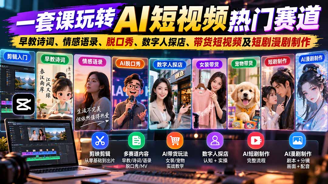 一套课玩转AI短视频热门赛道:早教诗词、情感语录、脱口秀、数字人探店、带货短视频及短剧漫剧制作 复制标题-52项目站