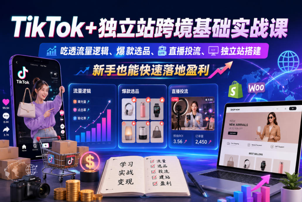 TikTok+独立站跨境基础实战课,吃透流量逻辑、爆款选品、直播投流与独立站搭建,新手也能快速落地盈利-52项目站