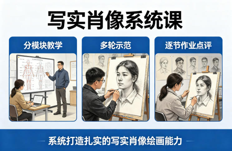 写实肖像系统课，全程分模块教学+多轮示范+逐节作业点评，系统打造扎实的写实肖像绘画能力-52项目站
