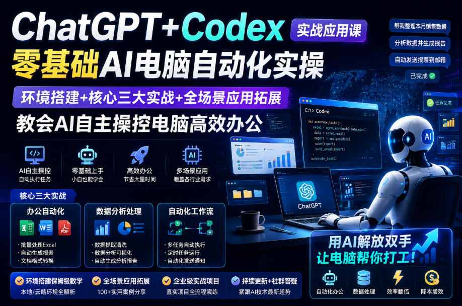ChatGPT+Codex实战应用课｜零基础AI电脑自动化实操，环境搭建+核心三大实战+全场景应用拓展，教会AI自主操控电脑高效办公-52项目站