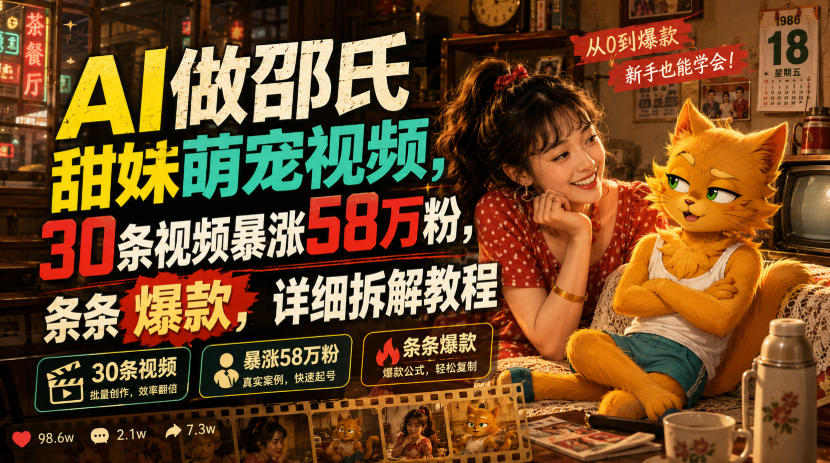 AI做邵氏甜妹萌宠视频，30条视频暴涨58万粉，条条爆款，详细拆解教程-52项目站