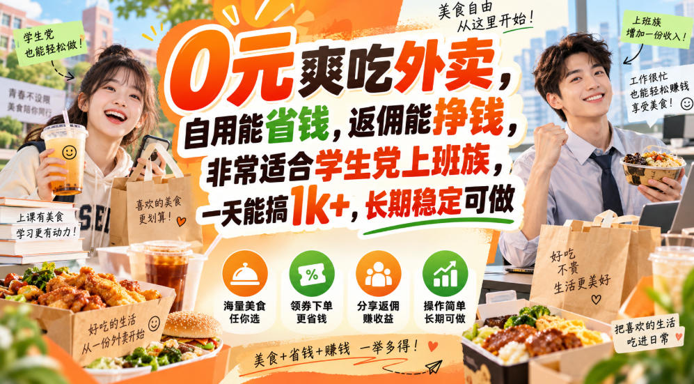 0元爽吃外卖，自用能省钱，返佣能挣钱，非常适合学生党上班族，一天能搞1k+，长期稳定可做-52项目站