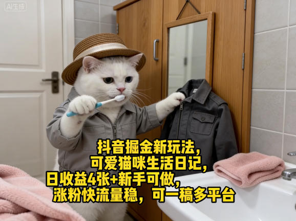 抖音掘金新玩法，可爱猫咪生活日记，日收益4张+新手可做，涨粉快流量稳，可一稿多平台-52项目站