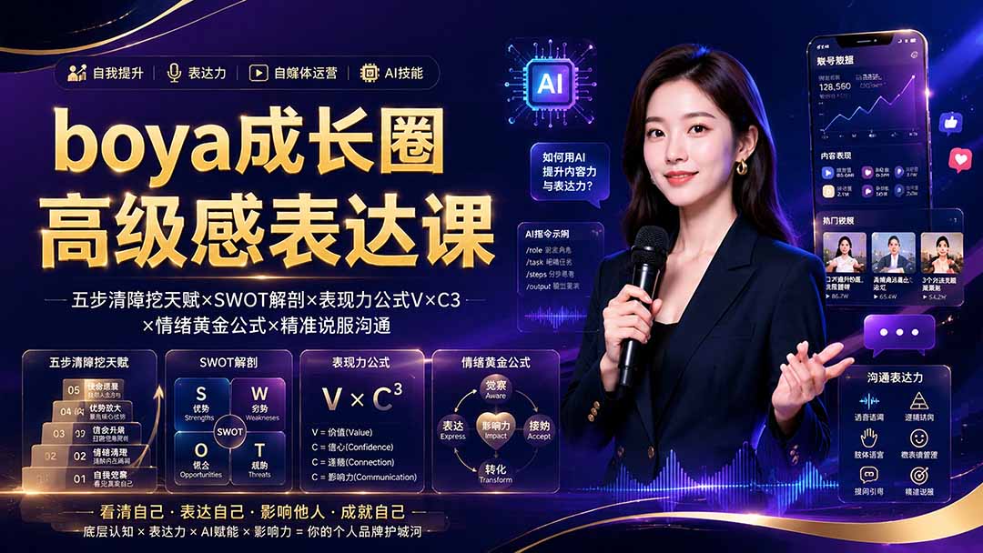 boya成长圈｜内心成长高级表达AI自媒体三合一，消解内耗挖掘天赋，镜头沟通AI指令短视频全流程教学-52项目站