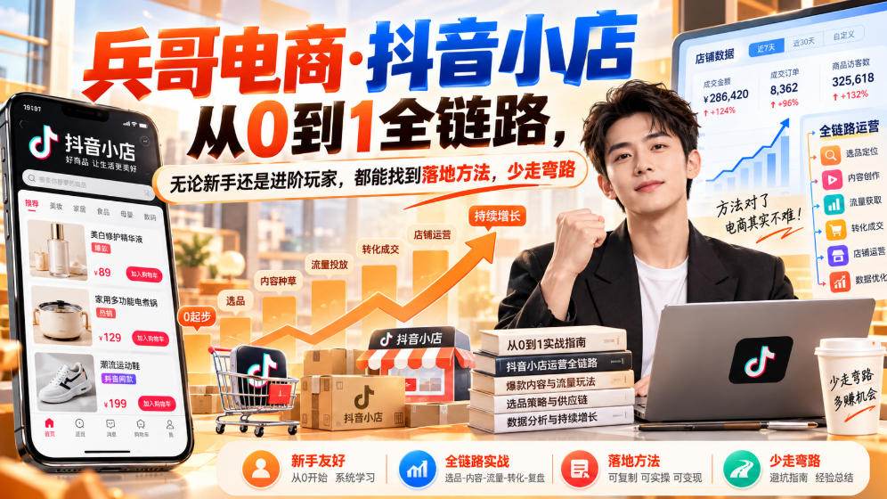 【无水印】兵哥电商·抖音小店从0到1全链路,无论新手还是进阶玩家,都能找到落地方法,少走弯路(更新9月)-52项目站
