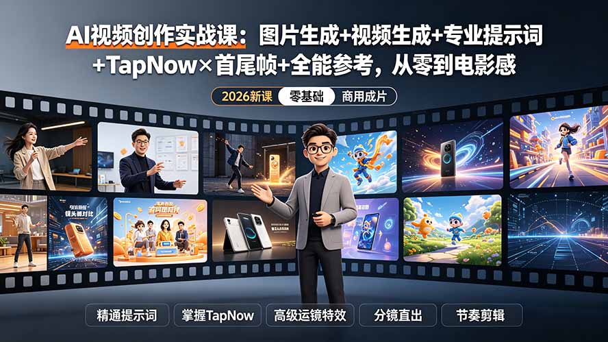 AI视频创作实战课：图片生成+视频生成+专业提示词+TapNow×首尾帧+全能参考，从零到电影感成片-52项目站