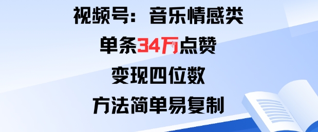 视频号分成计划新玩法：音乐情感类单条34W点赞，变现四位数，方法简单易复制-52项目站