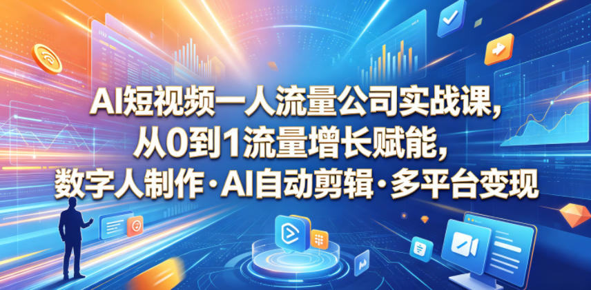 AI短视频一人流量公司实战课,从0到1流量增长赋能,数字人制作・AI自动剪辑・多平台变现,一人做流量生意全落地教程-52项目站