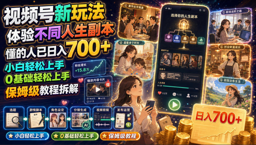 视频号新玩法体验不同人生副本，懂的人已日入700+，小白轻松上手，0基础轻松上手，保姆级教程拆解-52项目站
