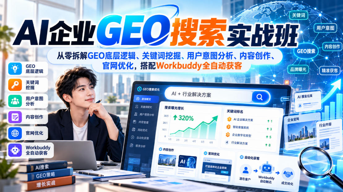 AI企业GEO搜索实战班，从零拆解GEO底层逻辑、关键词挖掘、用户意图分析、内容创作、官网优化，搭配Workbuddy全自动获客-52项目站