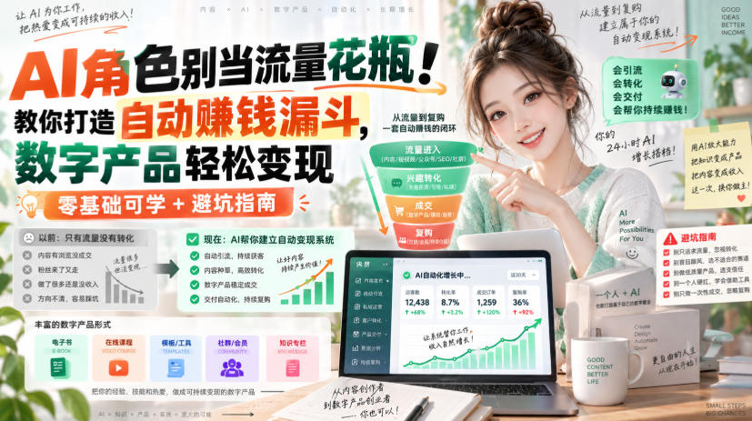 AI角色别当流量花瓶!教你打造自动賺钱漏斗,数字产品轻松变现(零基础可学+避坑指南)【原创双语字幕】-52项目站