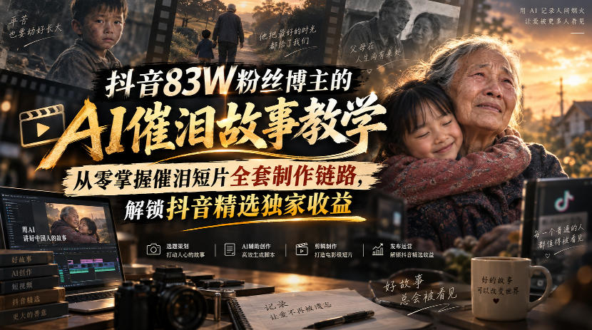 抖音83W粉丝博主的AI催泪故事教学，从零掌握催泪短片全套制作链路，解锁抖音精选独家收益-52项目站
